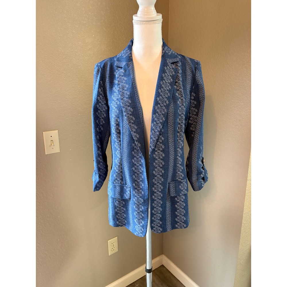 NYCC Blue Geometric Print Open Front 3/4 Sleeve Blazer Jacket Womens Medium